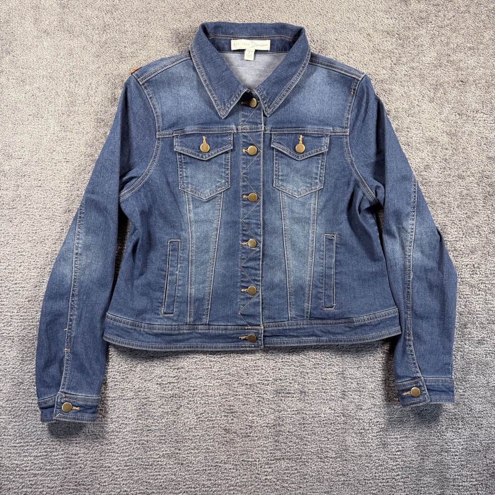 EST. 1946 Denim Jacket L Blue South Western Boho Embroidered Fringe Back Trucker - Picture 2 of 8
